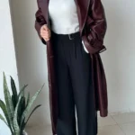 ترنچ کت چرم بلند زنانه