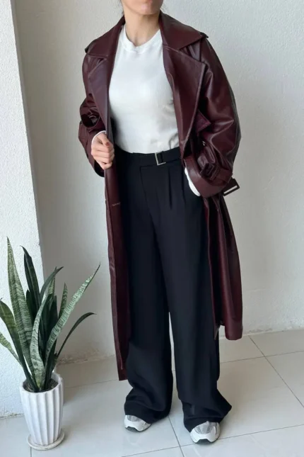 ترنچ کت چرم بلند زنانه